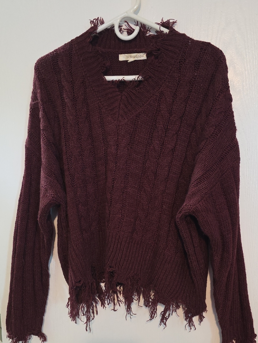 Rewind Women's V-Neck Distressed Cable Knit Sweater - Burgundy